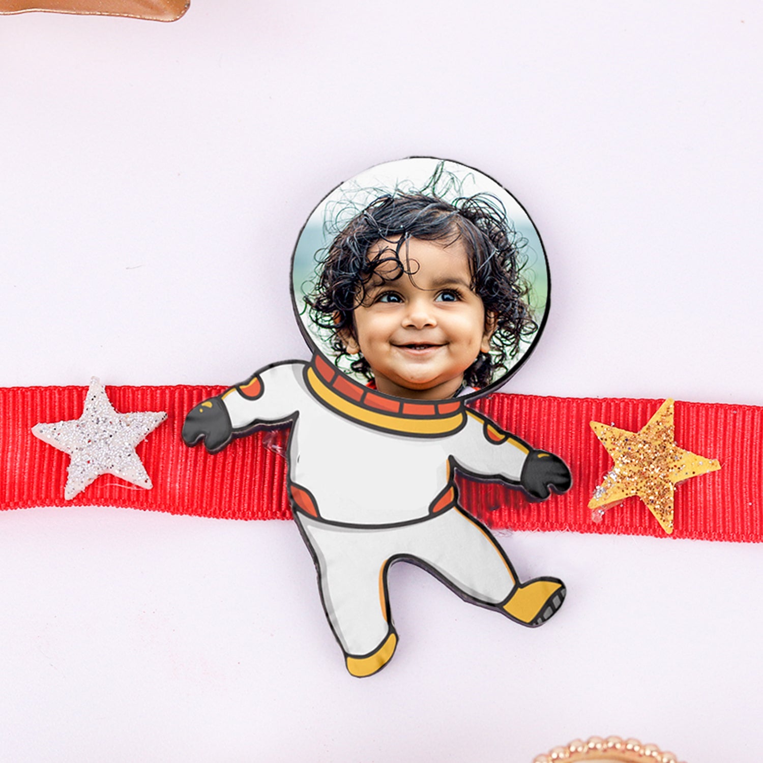 Personalized Astronaut Photo Kids Rakhi with Roli Chawal Set - Custom Space Theme Rakhi for Little Brother