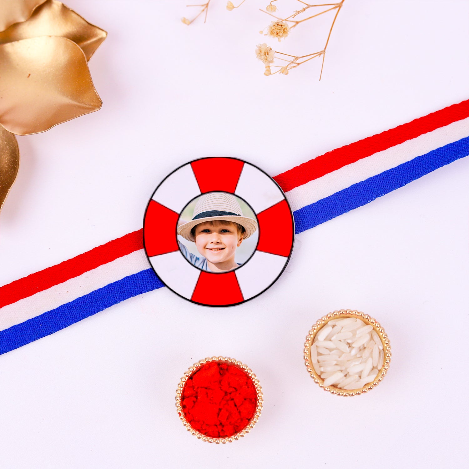 Personalized Nautical Kids Rakhi with Roli Chawal Set - Custom Photo Rakhi for Little Brother