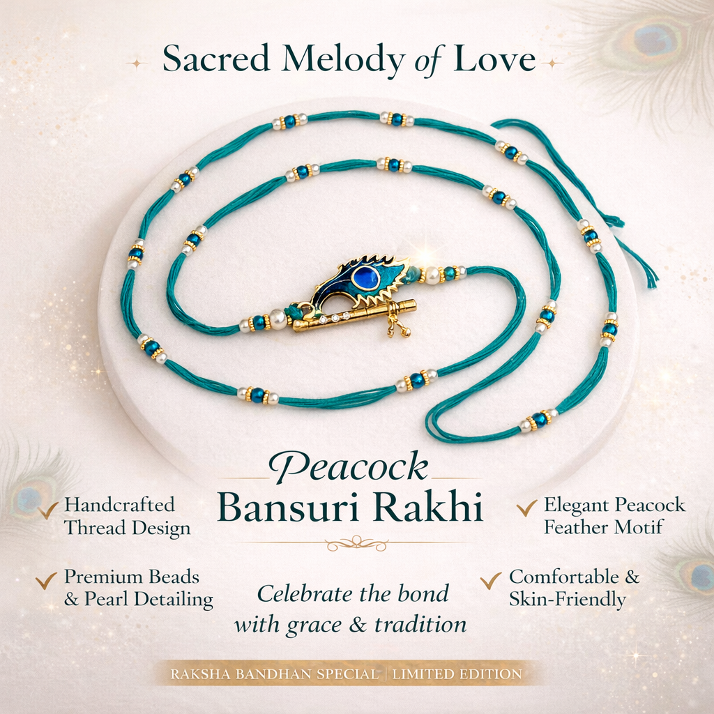 Teal Thread Peacock Flute Rakhi