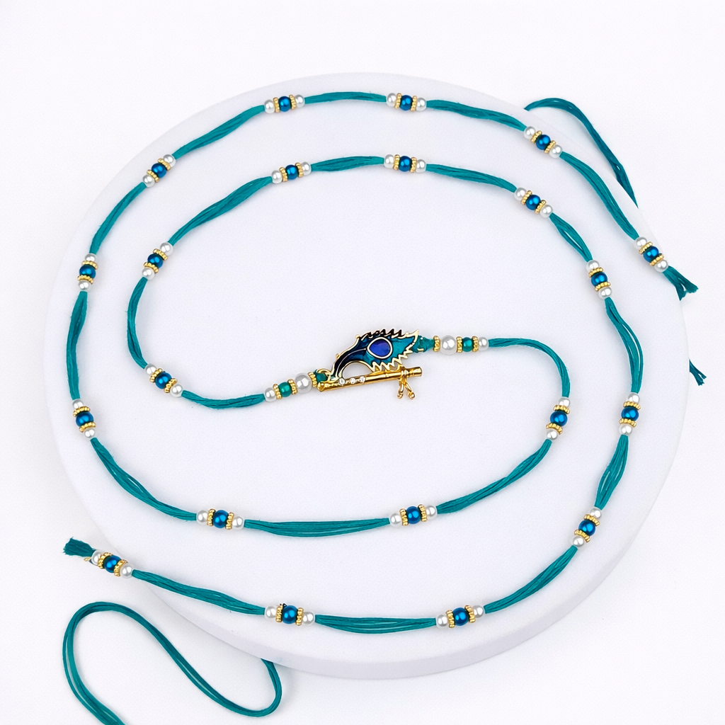 Teal Thread Peacock Flute Rakhi
