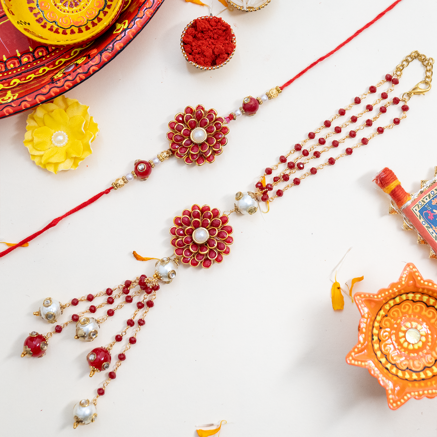 Royal Red Floral Bhaiya Bhabhi Rakhi Set – Handcrafted Couple Collection with Heartfelt Scroll