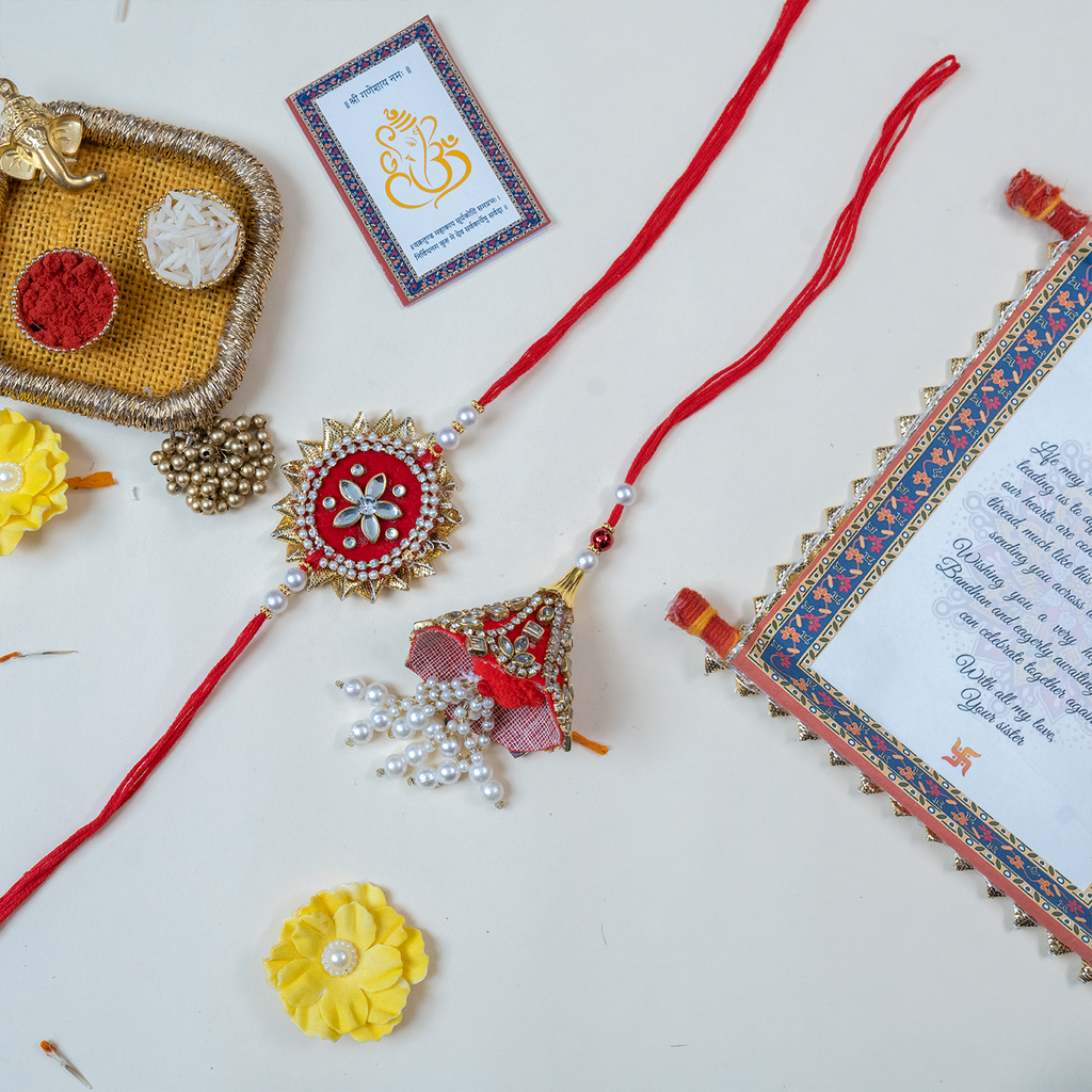 Royal Red Zardosi Bhaiya Bhabhi Rakhi Set – Handcrafted Thali Collection with Heartfelt Scroll