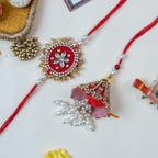 Royal Red Zardosi Bhaiya Bhabhi Rakhi Set – Handcrafted Thali Collection with Heartfelt Scroll