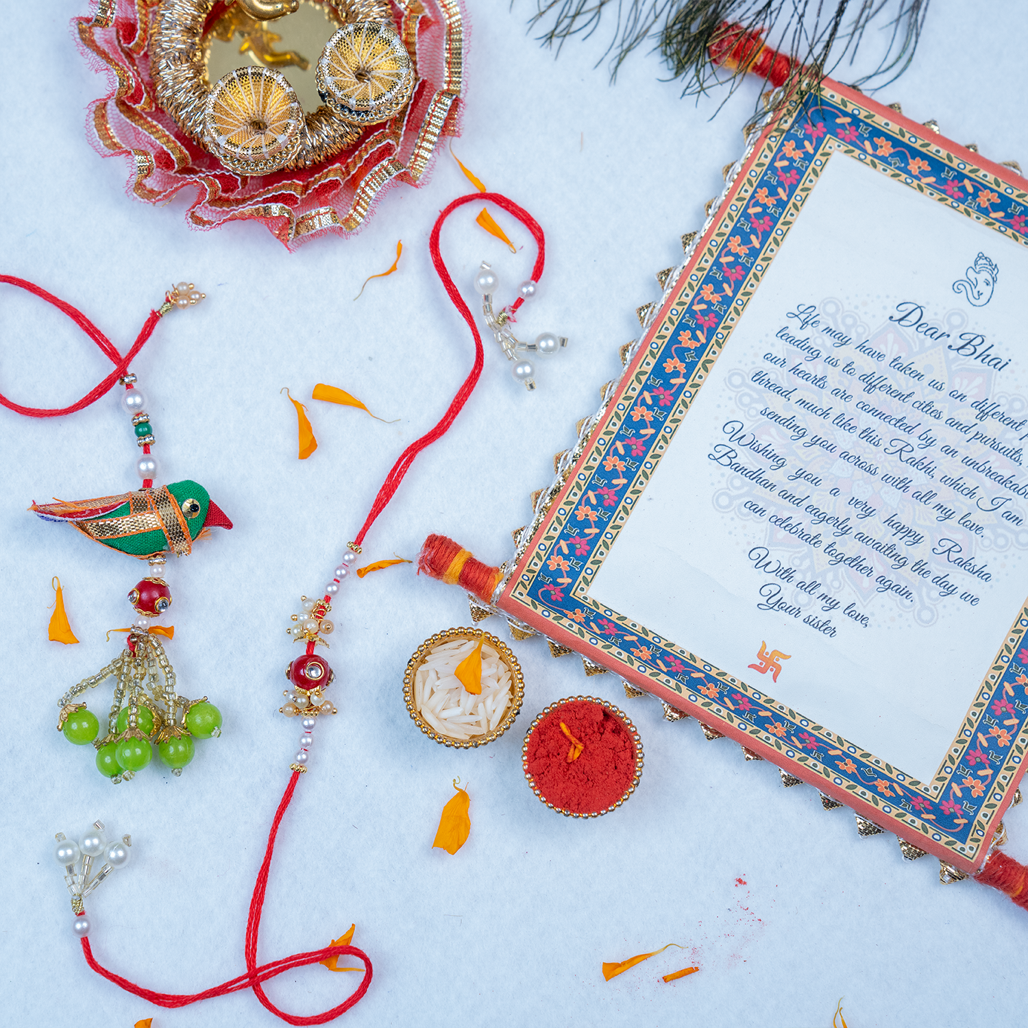 Royal Bird-Themed Bhaiya Bhabhi Rakhi Set – Handcrafted Thali Collection with Heartfelt Scroll