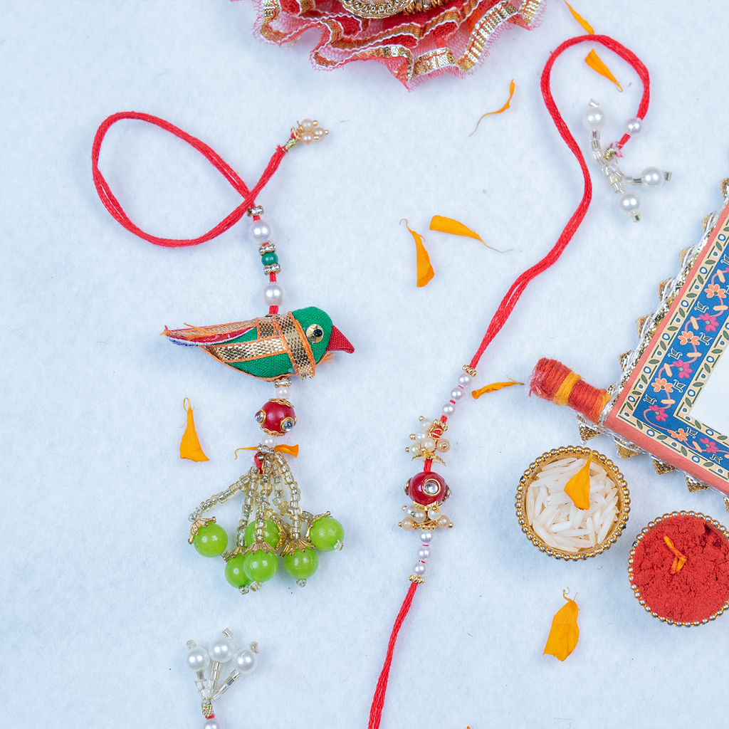 Royal Bird-Themed Bhaiya Bhabhi Rakhi Set – Handcrafted Thali Collection with Heartfelt Scroll