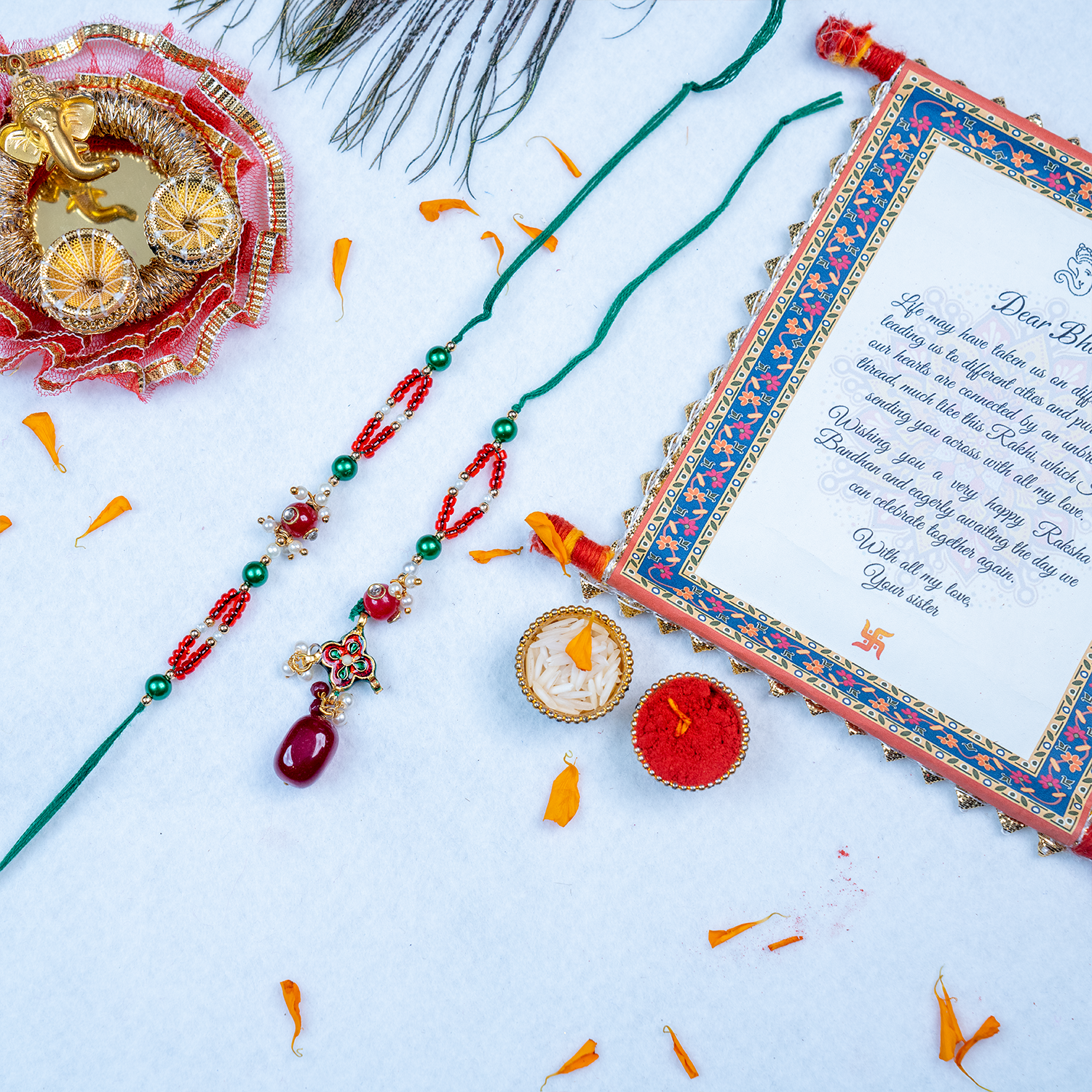Exquisite Peacock Bhaiya Bhabhi Rakhi Thali Set – Handcrafted Couple Collection with Message Scroll