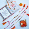 Elegant Rudraksha Rakhi Set with Designer Mini Thali & Message Scroll