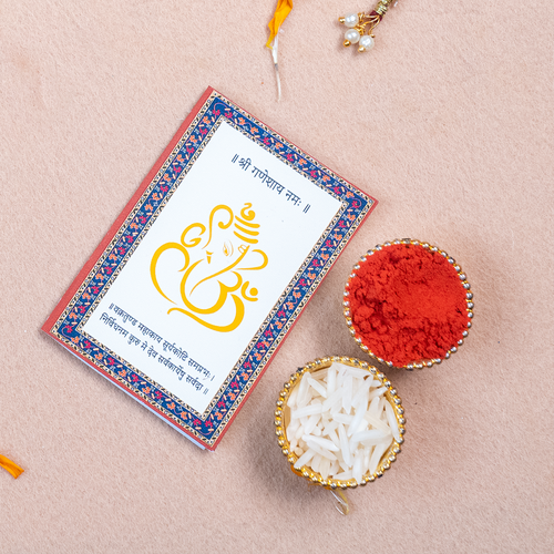 Divine Bhaiya Bhabhi Rudraksha Rakhi Set with Designer Ganesha Thali & Scroll