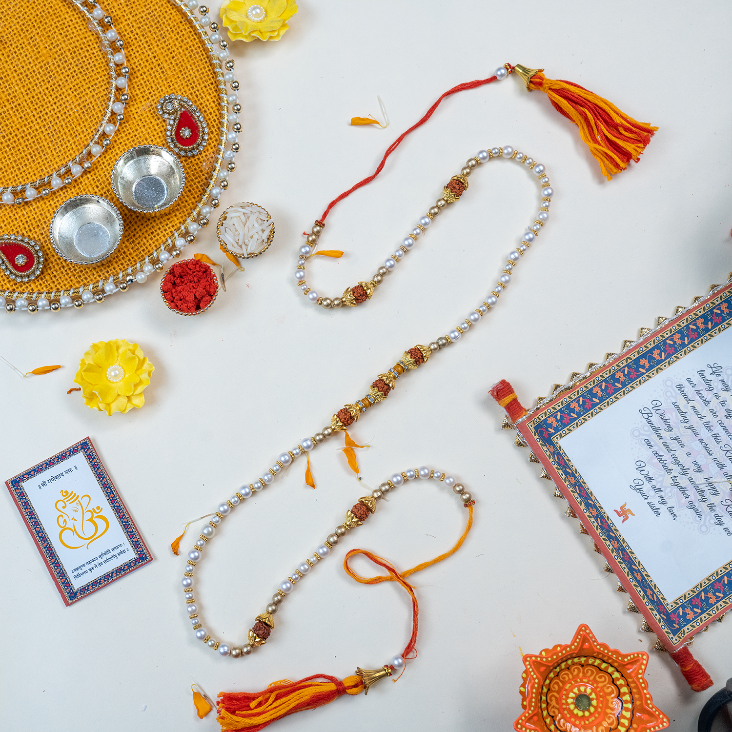Handcrafted Bhaiya Bhabhi Rakhi Thali Set – Rudraksha & Pearl Edition with Scroll Message Card