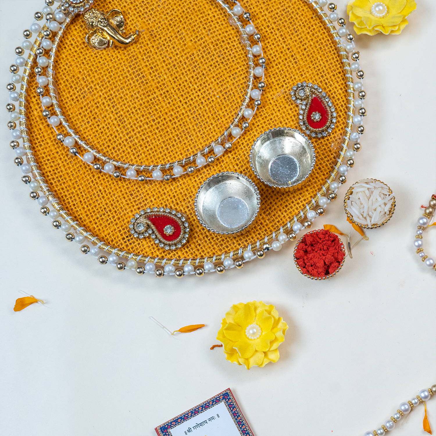 Handcrafted Bhaiya Bhabhi Rakhi Thali Set – Rudraksha & Pearl Edition with Scroll Message Card