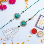 Teal Zardosi Bhaiya Bhabhi Rakhi Set – Handcrafted Designer Pair with Leheriya Potli