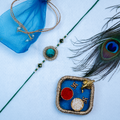 Designer Green Stone Rakhi with Blue Mesh Potli & Roli-Chawal Set