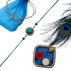 Designer Green Stone Rakhi with Blue Mesh Potli & Roli-Chawal Set