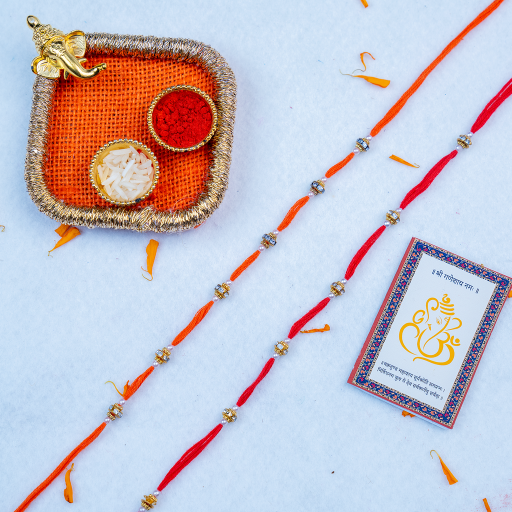 Set of 2 Designer Beaded Rakhi with Handcrafted Puja Thali & Ganesha Motif