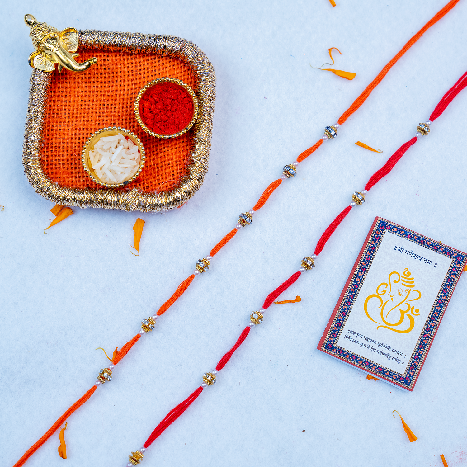 Set of 2 Designer Beaded Rakhi with Handcrafted Puja Thali & Ganesha Motif