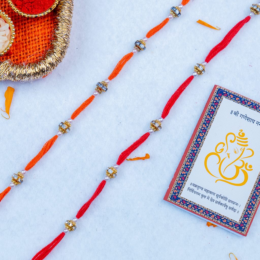 Set of 2 Designer Beaded Rakhi with Handcrafted Puja Thali & Ganesha Motif