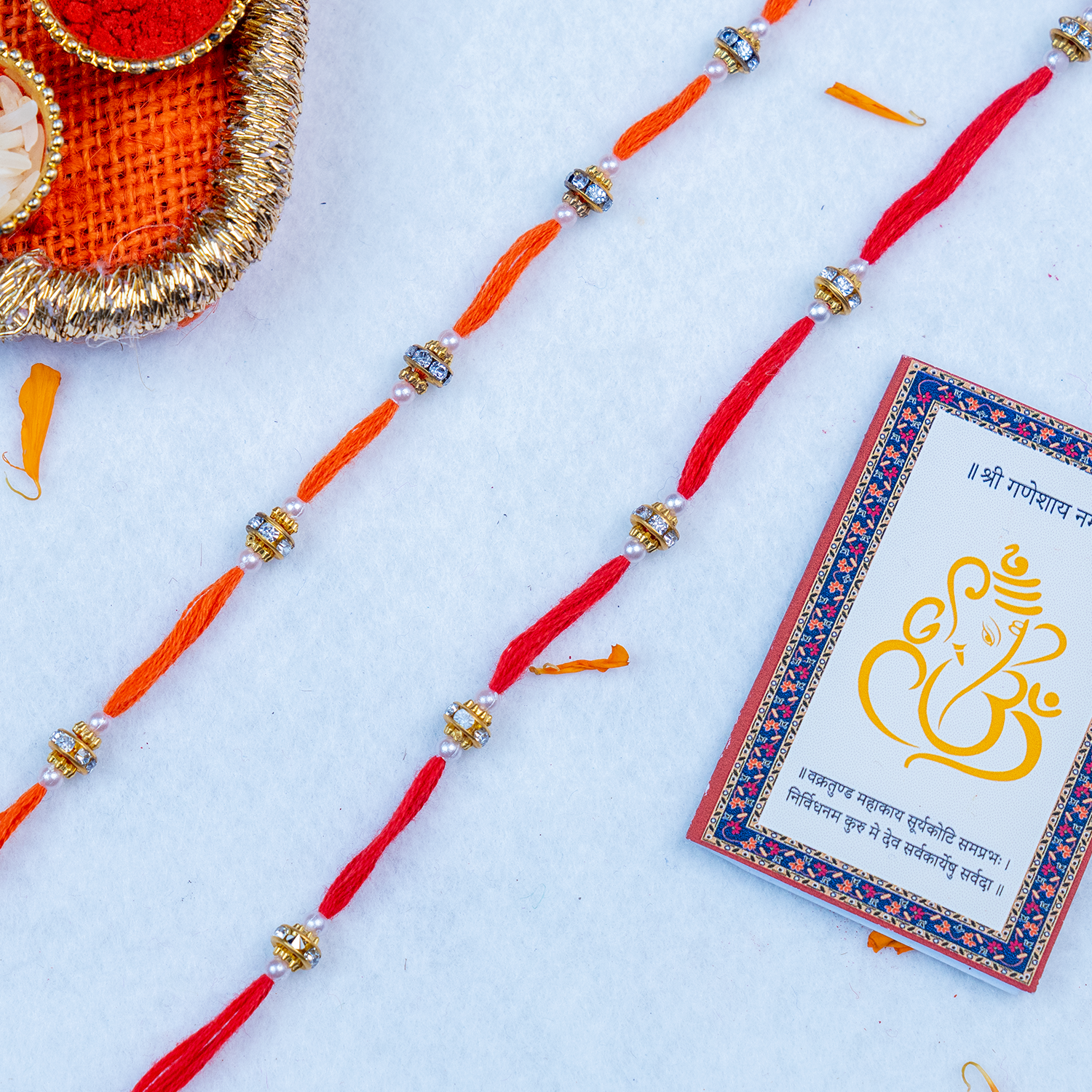 Set of 2 Designer Beaded Rakhi with Handcrafted Puja Thali & Ganesha Motif