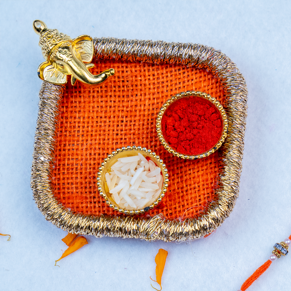 Set of 2 Designer Beaded Rakhi with Handcrafted Puja Thali & Ganesha Motif