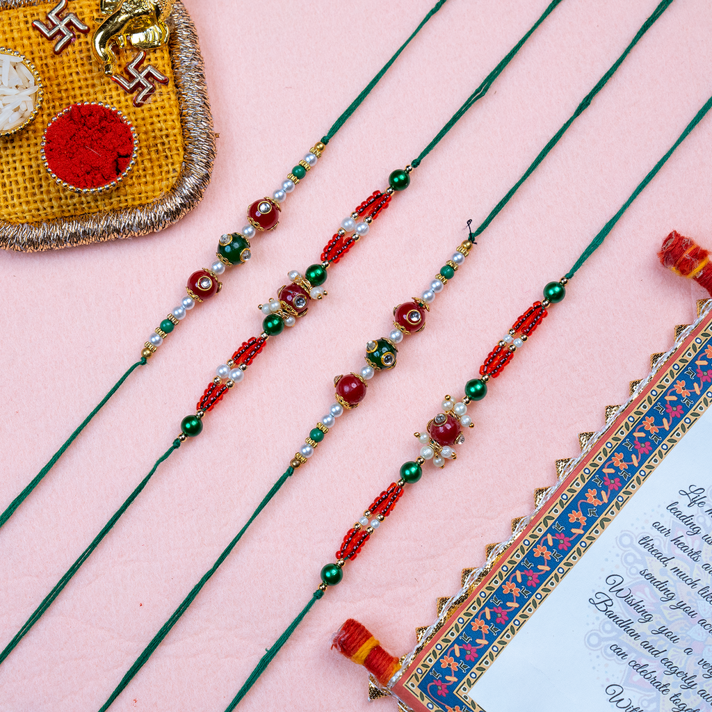 Premium Set of 4 Designer Rakhi with Handcrafted Thali & Festive Scroll