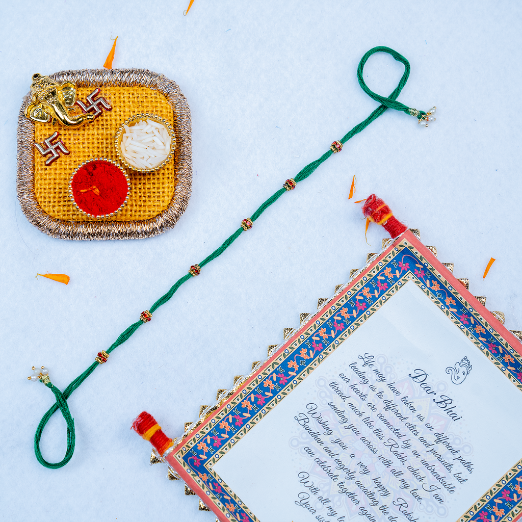 Designer Green Bead Rakhi with Mini Puja Thali & Scroll Card Set