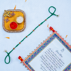 Designer Green Bead Rakhi with Mini Puja Thali & Scroll Card Set