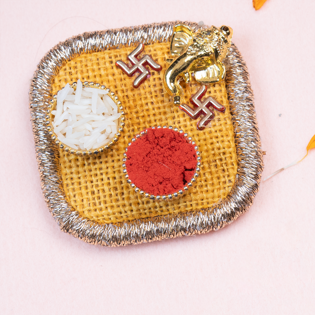 Designer Green Bead Rakhi with Mini Puja Thali & Scroll Card Set