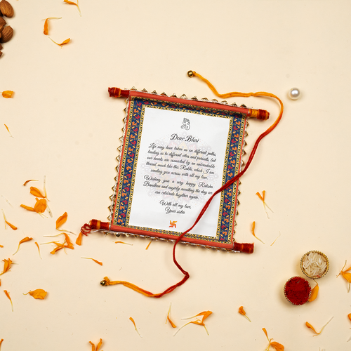 Divine Om & Rudraksha Rakhi Gift Set with Personalized Message Scroll, Roli-Chawal, and Handcrafted Potli