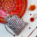 Divine Om & Rudraksha Rakhi Gift Set with Personalized Message Scroll, Roli-Chawal, and Handcrafted Potli
