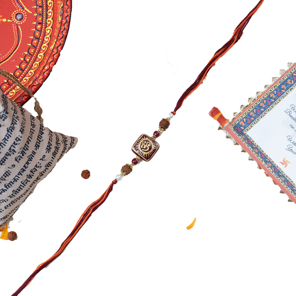 Divine Om & Rudraksha Rakhi Gift Set with Personalized Message Scroll, Roli-Chawal, and Handcrafted Potli
