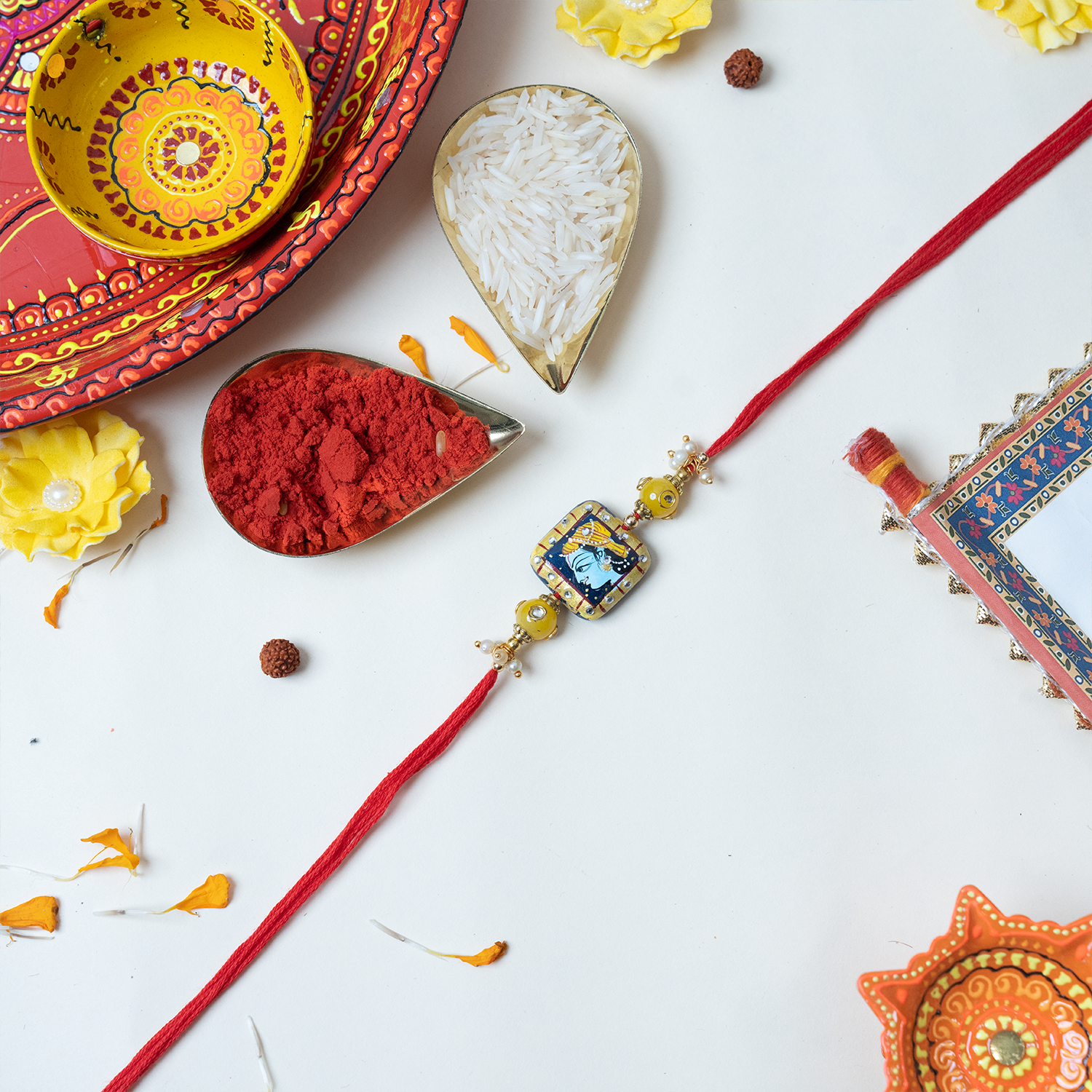 Exquisite Lord Krishna Hand-Painted Rakhi Gift Set with Divine Message Scroll, Roli-Chawal Kit, and Handcrafted Shloka Potli