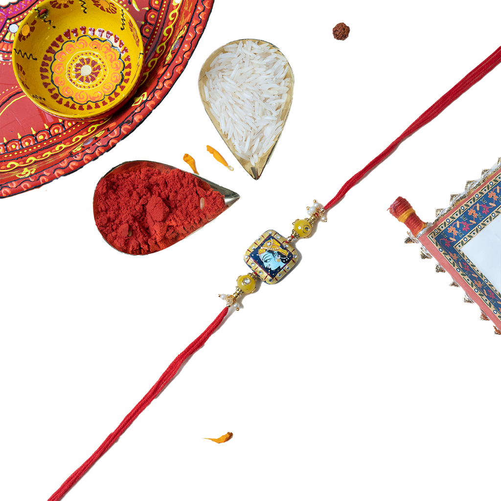 Exquisite Lord Krishna Hand-Painted Rakhi Gift Set with Divine Message Scroll, Roli-Chawal Kit, and Handcrafted Shloka Potli