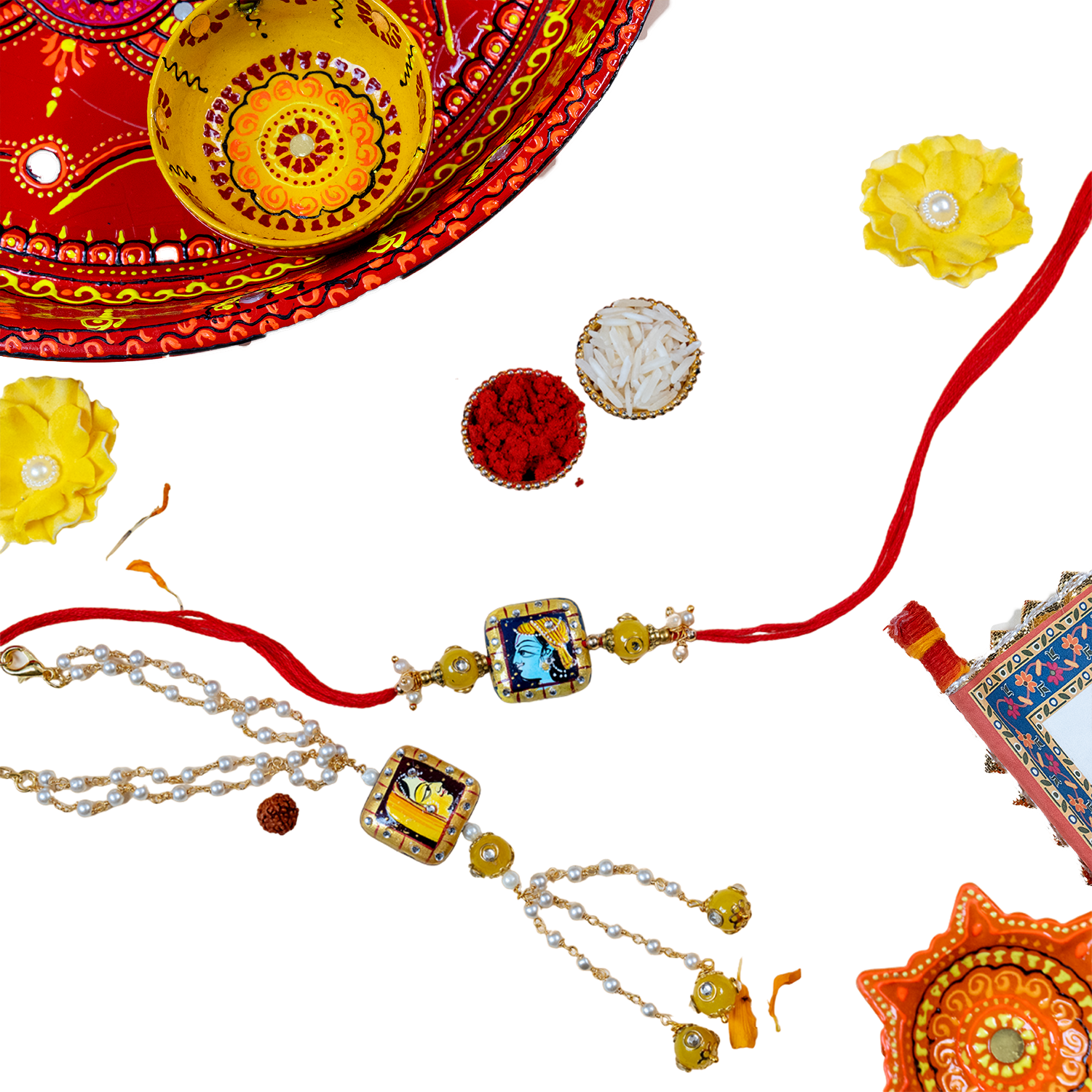 Divine Bhaiya Bhabhi Rakhi Set – Hand-Painted Lord Krishna & Radha Theme with Message Scroll, Roli-Chawal