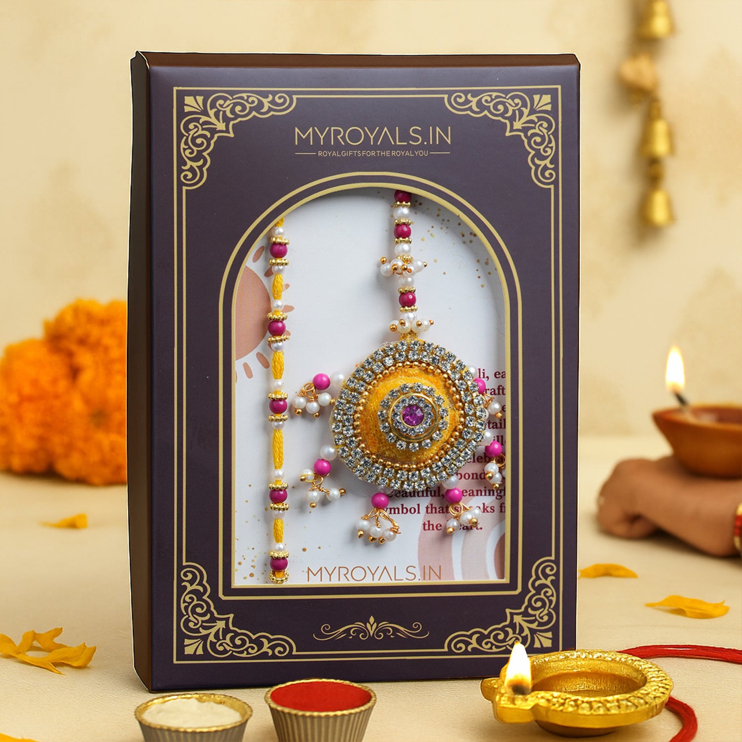 Premium Yellow & Pink Sun-Inspired Bhaiya Bhabhi Rakhi Set – Handcrafted Designer Pair with Royal Gift Box