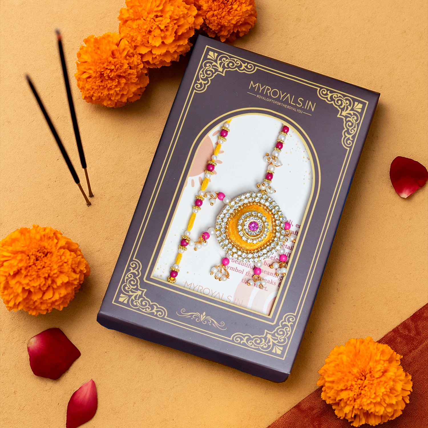 Premium Yellow & Pink Sun-Inspired Bhaiya Bhabhi Rakhi Set – Handcrafted Designer Pair with Royal Gift Box