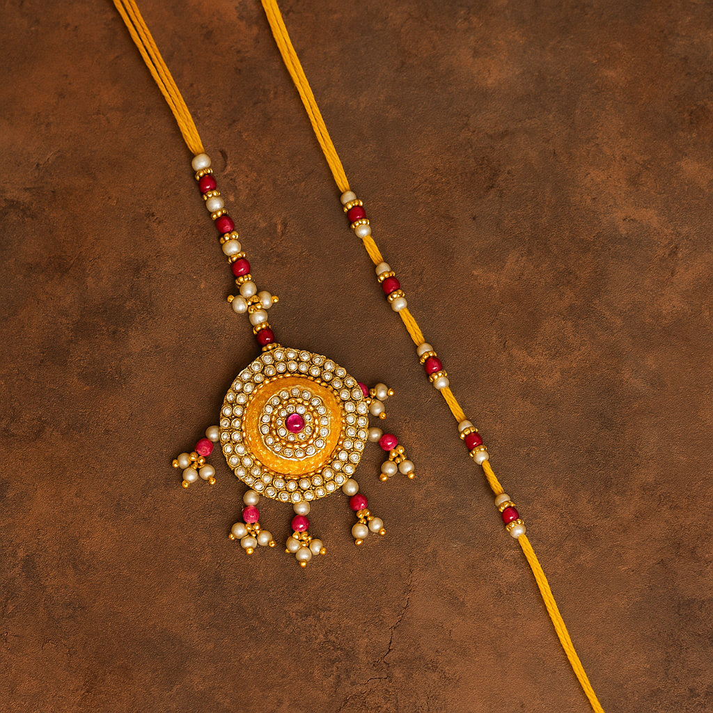 Premium Yellow & Pink Sun-Inspired Bhaiya Bhabhi Rakhi Set – Handcrafted Designer Pair with Royal Gift Box