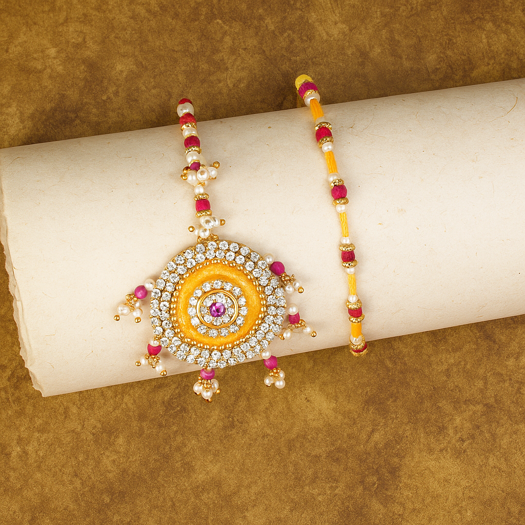 Premium Yellow & Pink Sun-Inspired Bhaiya Bhabhi Rakhi Set – Handcrafted Designer Pair with Royal Gift Box