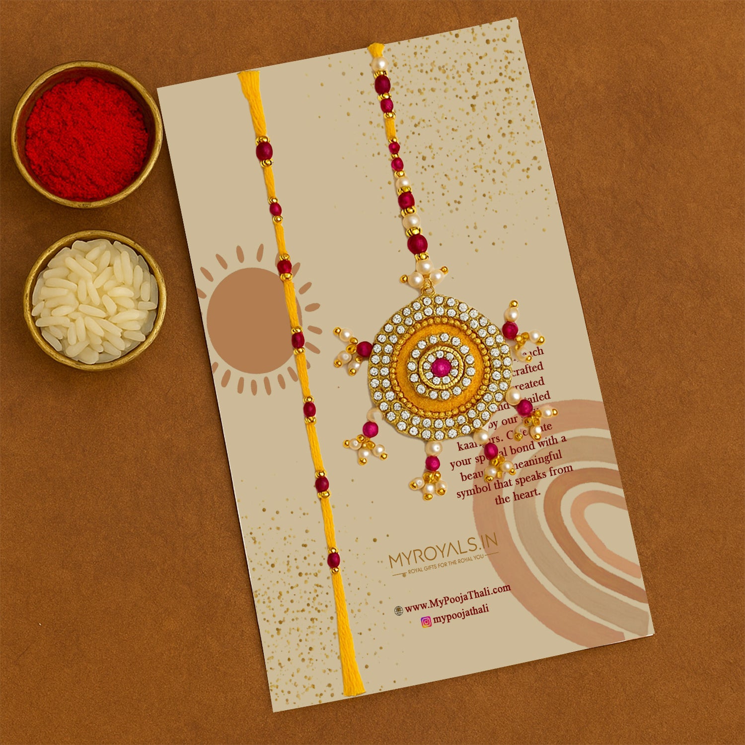 Premium Yellow & Pink Sun-Inspired Bhaiya Bhabhi Rakhi Set – Handcrafted Designer Pair with Royal Gift Box