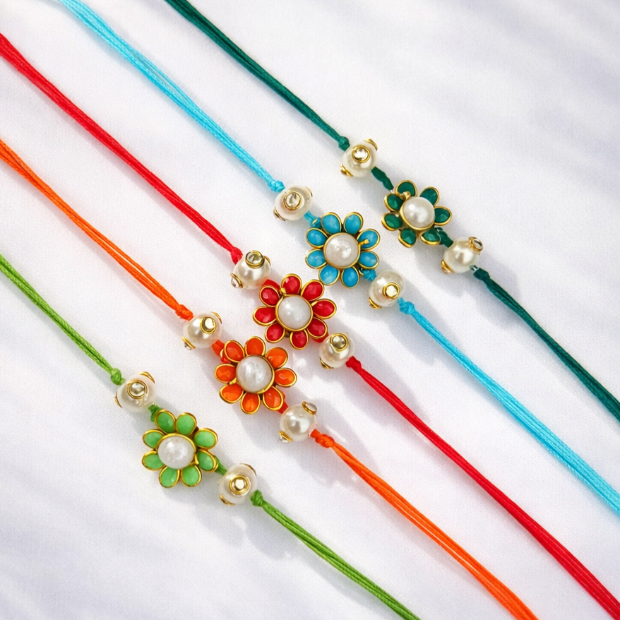Colorful Floral Pearl Rakhi - Pack of 6