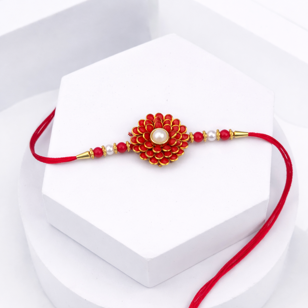 Red Floral Pearl Single Rakhi