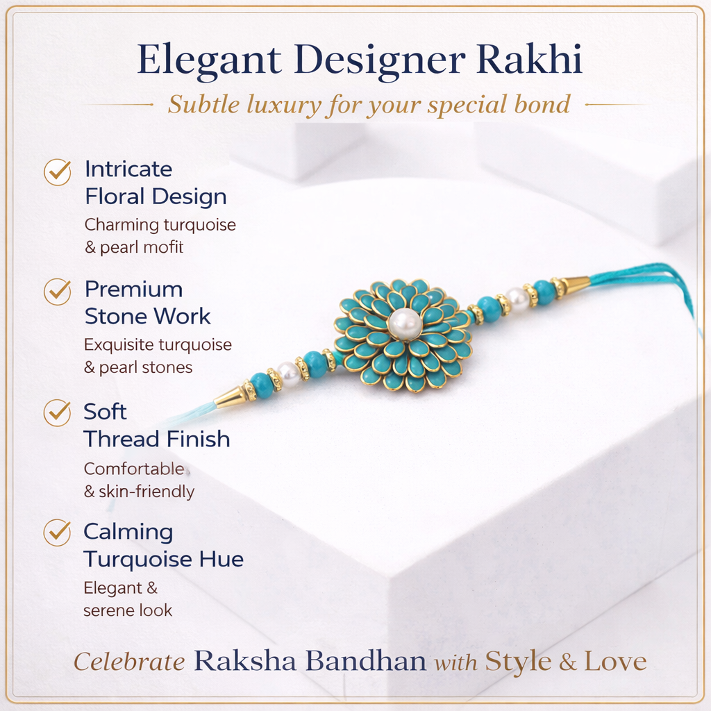 Turquoise Floral Pearl Single Rakhi
