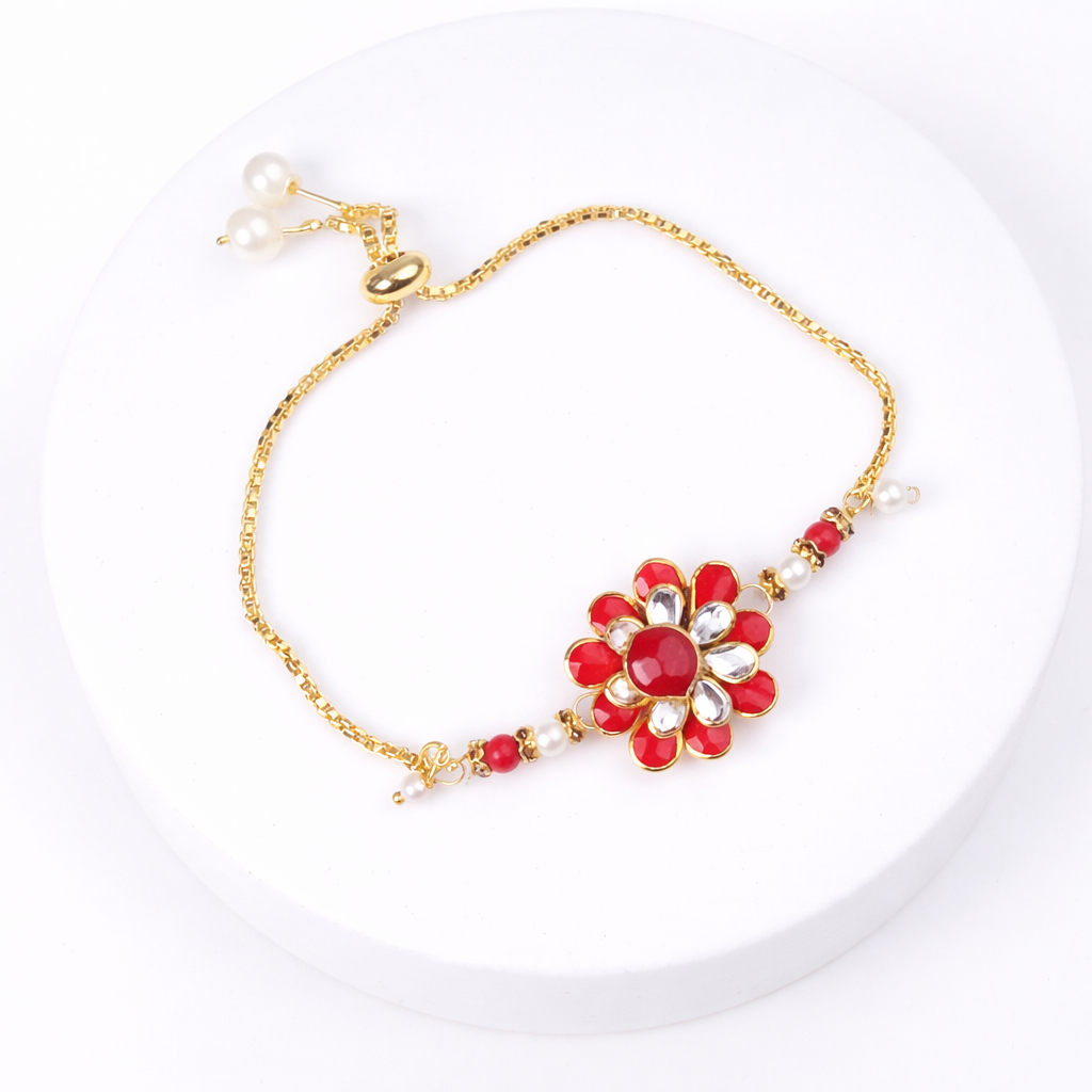 Red Floral Kundan Bhaiya Bhabhi Bracelet Set