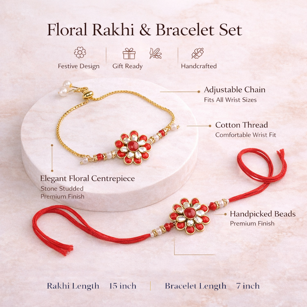 Red Floral Kundan Bhaiya Bhabhi Bracelet Set