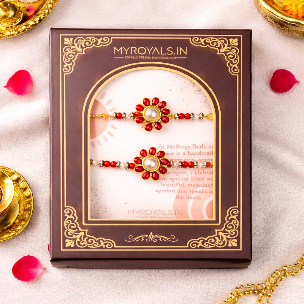 Red Floral Pearl Bhaiya Bhabhi Rakhi Bracelet Set