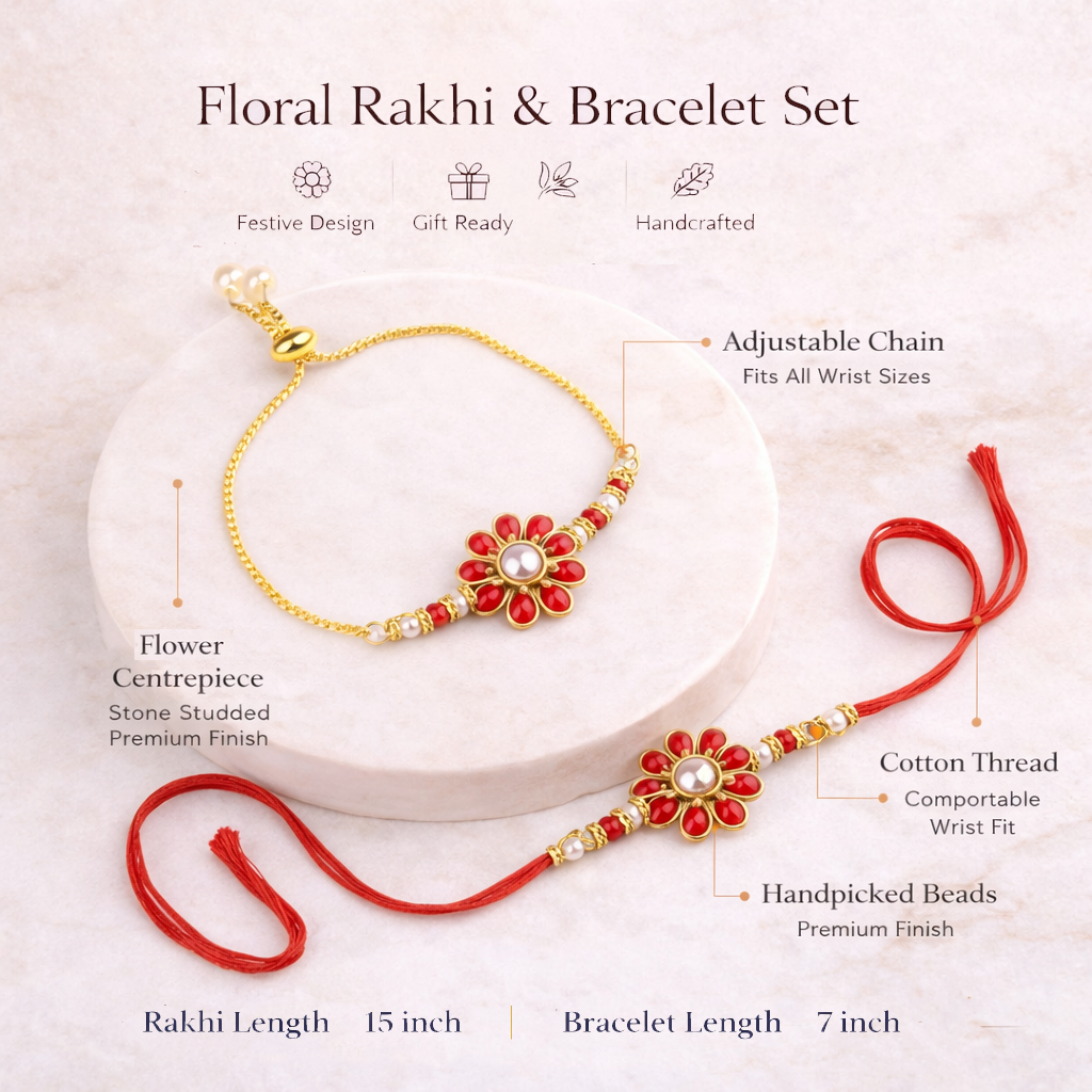 Red Floral Pearl Bhaiya Bhabhi Rakhi Bracelet Set