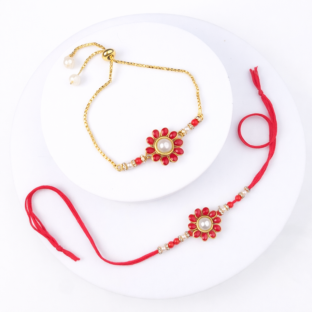 Red Floral Pearl Bhaiya Bhabhi Rakhi Bracelet Set