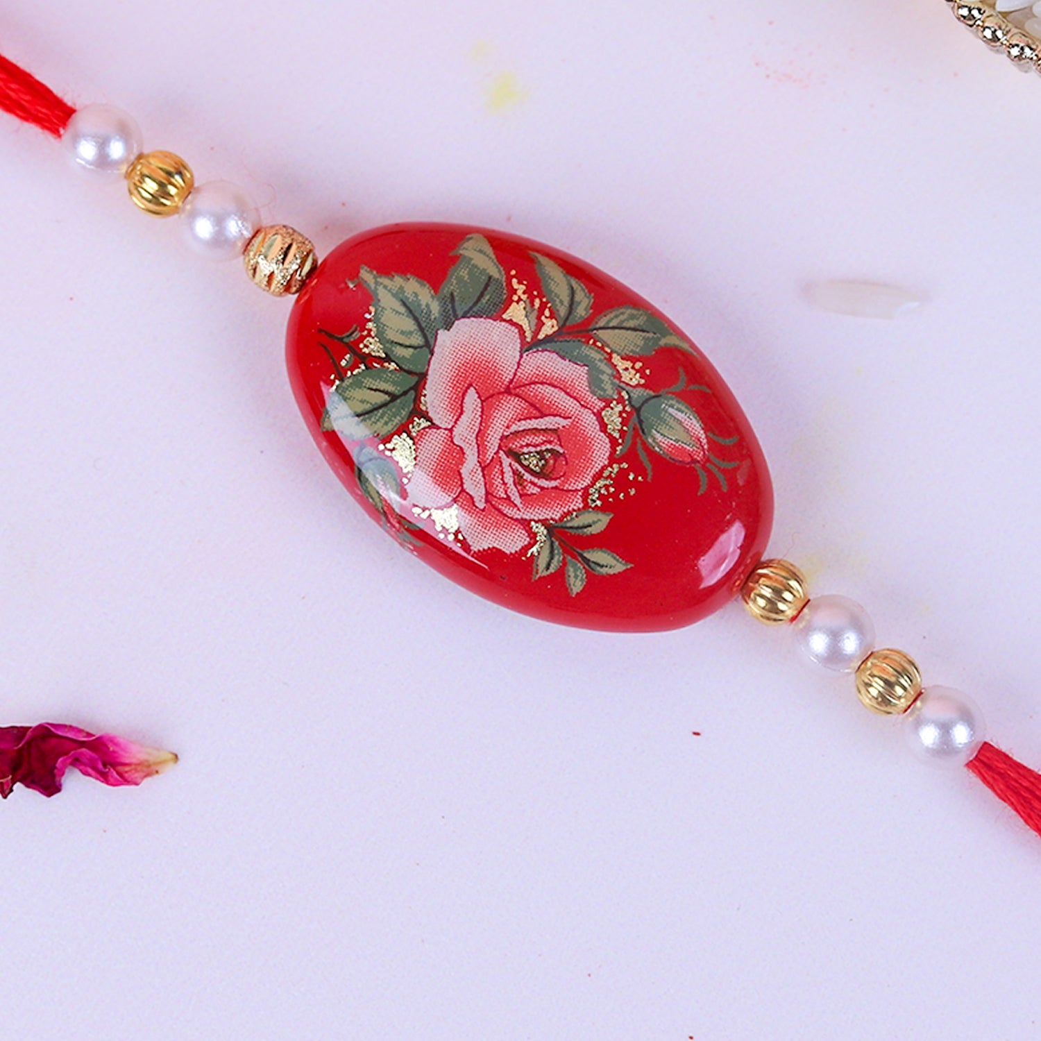 Red Floral Rose Designer Rakhi with Roli-Chawal & Ganesha Card