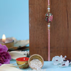 Exquisite Floral Print Bead Rakhi with Roli-Chawal Pouches & Designer Ganesha Greeting Card | Traditional Brother-Sister Raksha Bandhan Gift Set