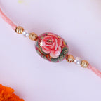 Exquisite Floral Print Bead Rakhi with Roli-Chawal Pouches & Designer Ganesha Greeting Card | Traditional Brother-Sister Raksha Bandhan Gift Set