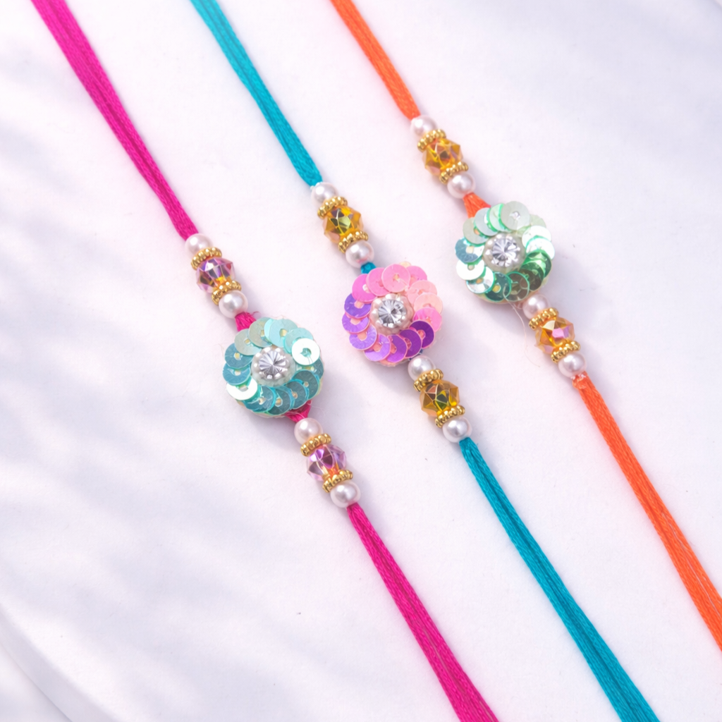 Designer Sequin Flower Rakhi (Set of 3)