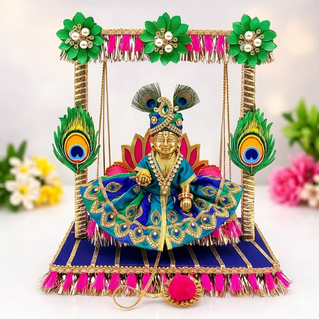 Peacock Design Laddu Gopal Jhula Singhasan